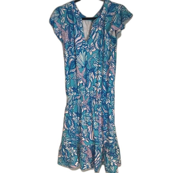 Lilly Pulitzer Ravi Short Sleeve Romper Size Medium Almafi Blue Floral/Shell - Picture 12 of 12